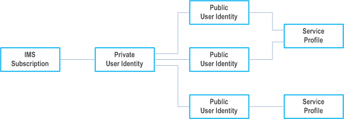 Reproduction of 3GPP TS 23.228, Fig. 4.5: Relationship of the Private User Identity and Public User Identities