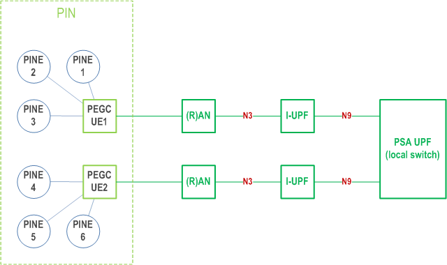Reproduction of 3GPP TS 23.501, Fig. P.2-1: Local-switch based user plane architecture for PIN