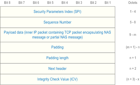 Reproduction of 3GPP TS 24.502, Fig. 8.2.2-2: ESP packet format for TCP packet encapsulating NAS message or partial NAS message