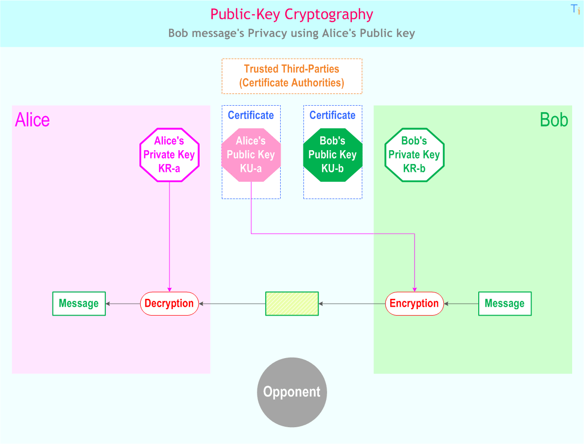 Public-Key Cryptography examples: Bob message's Privacy using Alice's Public key